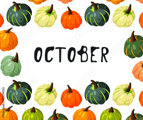 Cartoon Pumpkin Spice Season Image with Text. Hand drawn stylish vegetable. Vector drawing fresh organic food and Quote. Summer illustration vegan ingrediens for smoothies or Pie