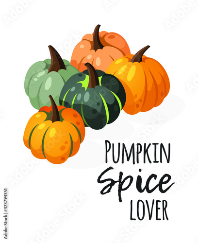 Cartoon Pumpkin Spice Season Image with Text. Hand drawn stylish vegetable. Vector drawing fresh organic food and Quote. Summer illustration vegan ingrediens for smoothies or Pie