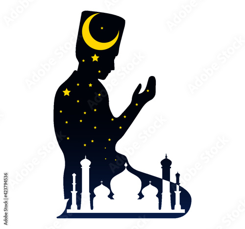 celebración ramadan kareen luna creciente diseño de vector dorado, silueta resando 