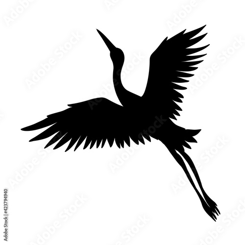 The silhouette of a flying crane on a white background.