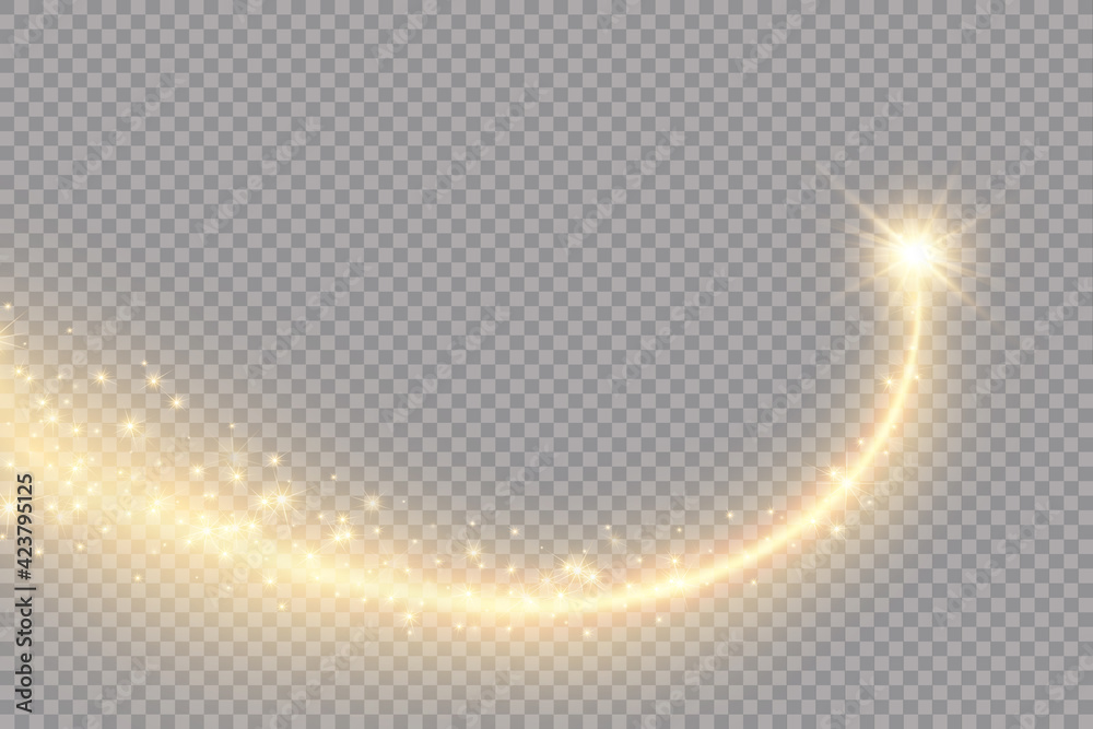 Vector golden sparkling falling star. Stardust trail. Cosmic glittering wave. PNG. . Vector illustration