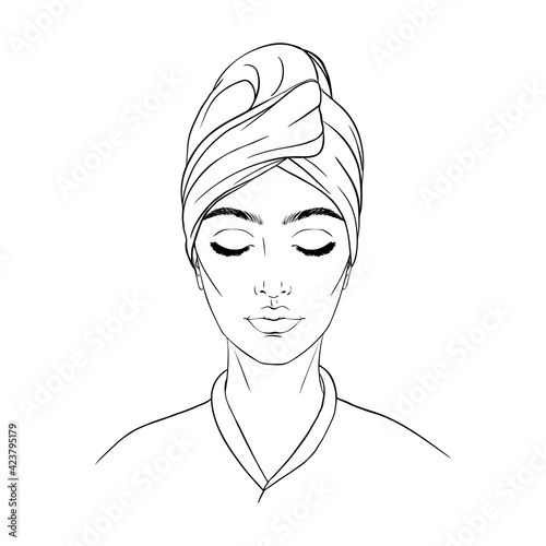 Illustration of a beautiful girl after a shower in a towel on her head. Stylish fashion illustration.