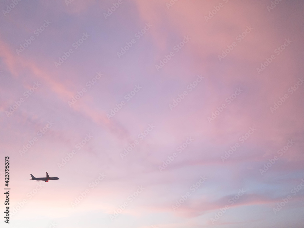 sunset with pink sky and airplane silhouette.  - obrazy, fototapety, plakaty 