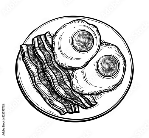 Fried egg and bacon on plate.