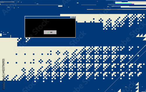Computer desktop windows glitch and error, digital dither illustration background with blank vintage OS box frame, mono color design