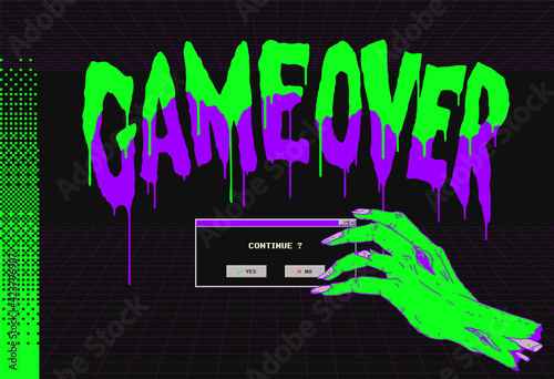 Lettering typography design " Game over " and zombie hand, hand drawn liquid melting style fonts with retro arcade game vibe and digital glitch elements, flat neon violet and green colour