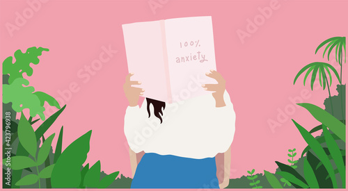 Woman covering her face with big book and tropical green plants background, sweet pastel hand drawn flat style, reading alone concept illustration