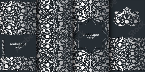 Set of vertical arabesque floral banners. Branches with flowers, leaves and petals