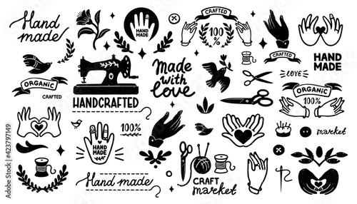 Handmade vector icons set - vintage elements in stamp style and home made letterings. Vintage vector illustration for banner and label design.