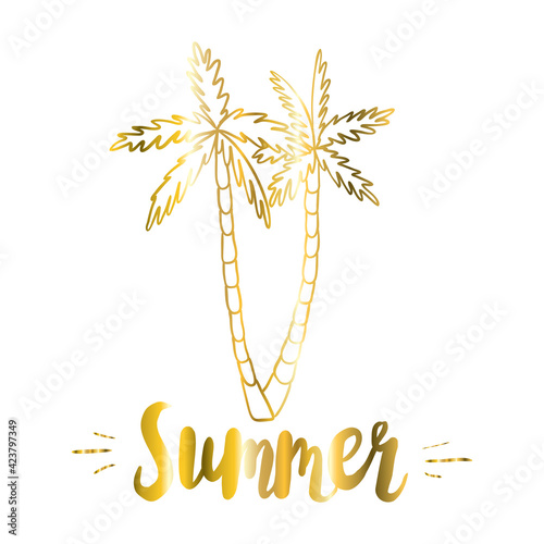 Golden summer print. Gold background with palm trees on island.