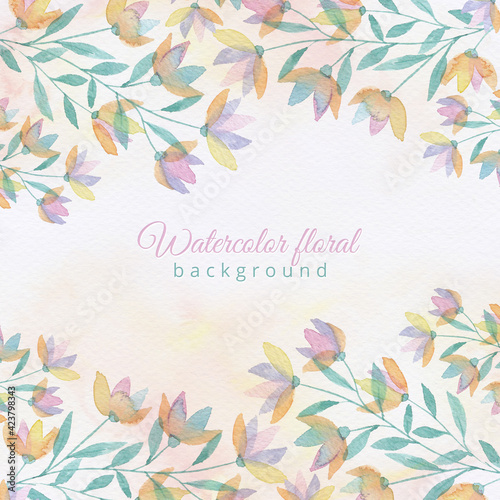 Watercolor floral background. Watercolor hand draw banner  card  wedding invitation  illustration with spring flowers and leaves.