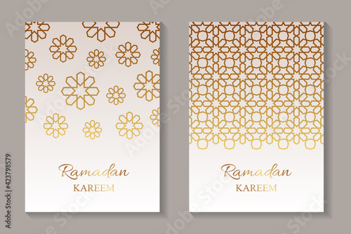 Set of two greeting cards for ramadan with golden arabic traditional ornament on a beige background.