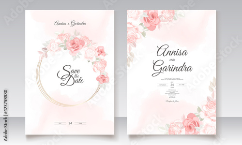 Romantic  Wedding invitation card template set with beautiful  floral leaves Premium Vector