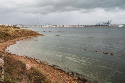 Panoramic view of Algeciras industrial sea port from Centennial Park. Bay of Algeciras, Andalusia, Cadiz province, Southern Spain.