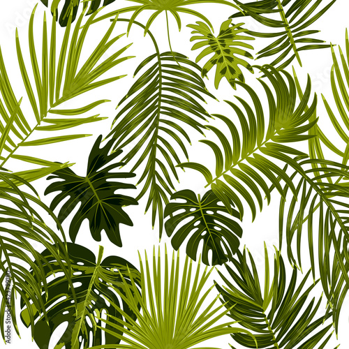 Vector tropical jungle seamless pattern with palm tree leaves