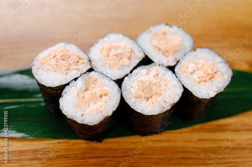 Seafood delicatessen maki sushi rolls on board