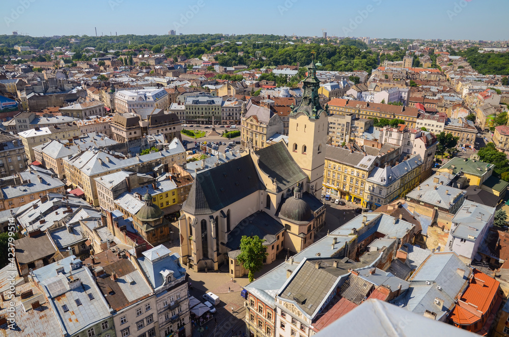 The roofs of city houses from a bird's eye view