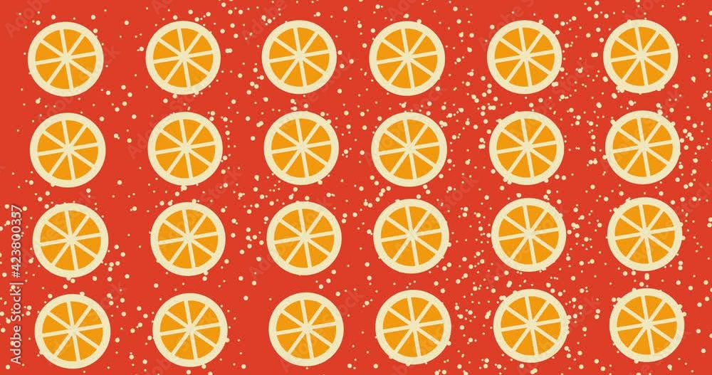 summer splash in retro style. Orange slices are spinning on an orange background. summer splash in retro style. Orange slices are spinning on an orange background.