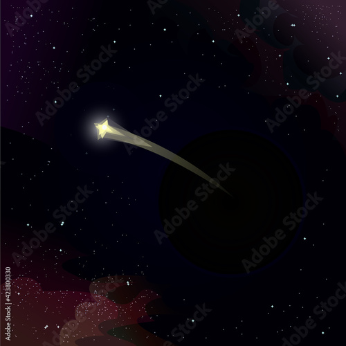 the spase background shows a black hole devouring the nearest star crossing the event horizon