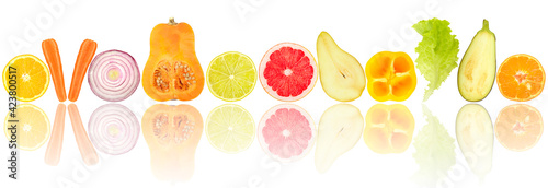 Fresh cut fruits and vegetables with light reflection isolated on white
