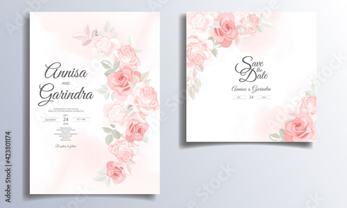  Romantic  Wedding invitation card template set with beautiful  floral leaves Premium Vector © MARIANURINCE
