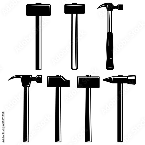 Set of illustrations of blacksmith hammers. Design element for logo, label, sign, emblem, poster. Vector illustration