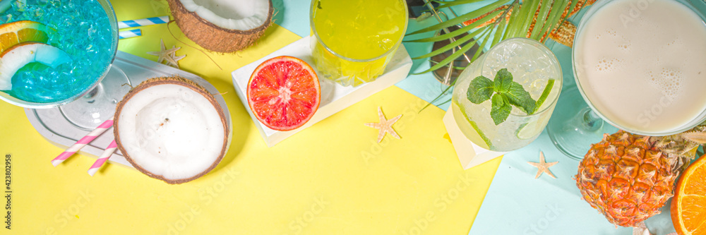 Summer holiday bar and snack concept, picnic background, Fresh watermelon slices with ice cream sticks, various alcohol cocktails and drinks, seashells and summertime accessories, flatlay top view Summer holiday bar and snack concept, picnic background, Fresh watermelon slices with ice cream sticks, various alcohol cocktails and drinks, seashells and summertime accessories, flatlay top view