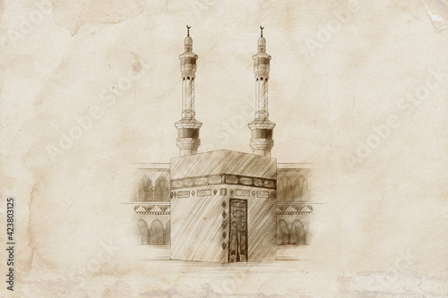 Mecca, Saudi Arabia, Holy Kabah_Hand Drawn Sketch on Old Paper illustration photo