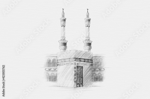 Mecca, Saudi Arabia, Holy Kabah_Hand Drawn Sketch on White Paper illustration