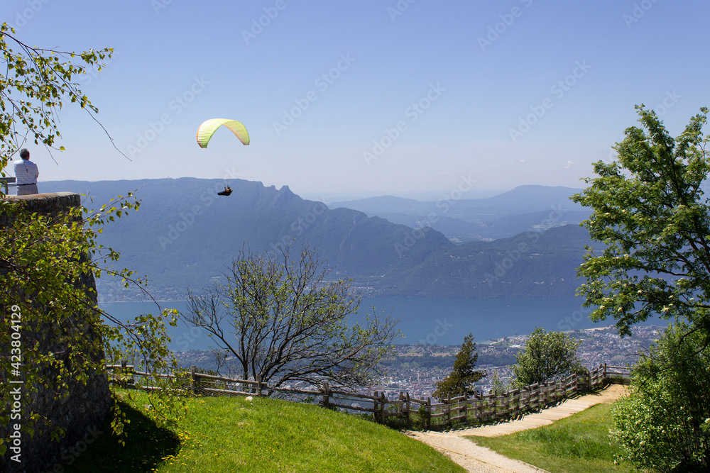 Beautiful summer mountains landscape with lac Bourget view from Mont revard alpes France  - obrazy, fototapety, plakaty 