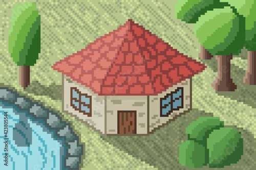 House pixel art. Icon house. House isometric. Medieval house. Home in the garden.