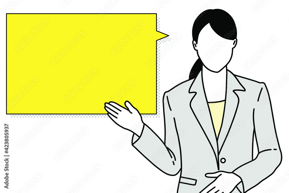 Business woman presenting with bubble speech at office hand draw style pictogram vector flatline design illustration. Business woman presenting with bubble speech at office hand draw style pictogram vector flatline design illustration.
