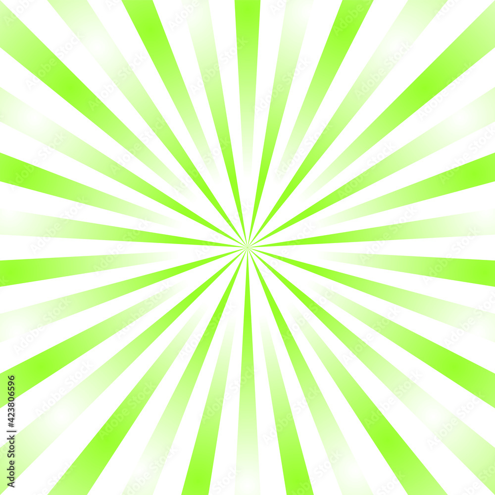Obraz premium Sun rays background. Green radiate sun beam burst effect. Sunbeam light flash boom. Template starburst poster. Sunlight star, sunrise glow burst. Solar radiance glare retro design. Vector illustration