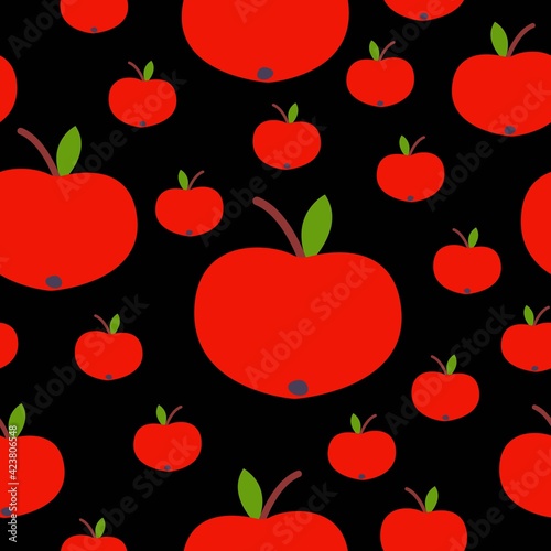 Fototapeta Naklejka Na Ścianę i Meble -  Seamless pattern. Red apple. Green leaf. Black background. Vegan or vegetarian. Healthy lifestyle. Nature and ecology. Agriculture and gardening. Post cards, wallpaper, textile, wrapping paper, print