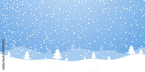 Christmas holiday background. Winter snow december landscape, white cold falling snowflake. Christmas tree on hill. Snowfall blue sky wallpaper. Wonderland abstract magic texture Vector illustration