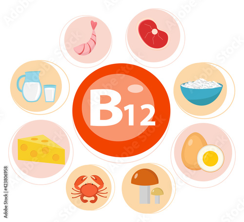 Infographic set of vitamin B12. Healthy lifestyle and diet vector concept. Vector illustration.