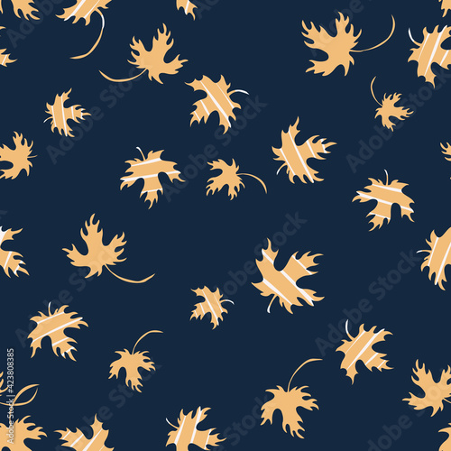 Autumn falling leaves seamless pattern. Vector background with yellow maple leaf silhouettes on black backdrop. Stylish abstract texture. Hand drawn art. Repeat design for prints, decor, wallpapers
