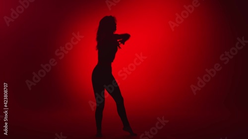 Shadow seductive feminine dancer performing strip plastic choreography. Wide shot on RED camera