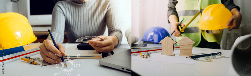 Two colleagues discussing data working and tablet, laptop with on on architectural project at construction site at desk in office Two colleagues discussing data working and tablet, laptop with on on architectural project at construction site at desk in office