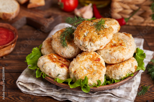 Картината върху платно Chicken cutlets from minced meat with dill