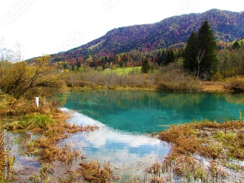 Beautful lake az Zelenci near Kranjska Gora, Gorenjska, Slovenia with a reflection in the lake and hills behind covered in autumn colored forest
