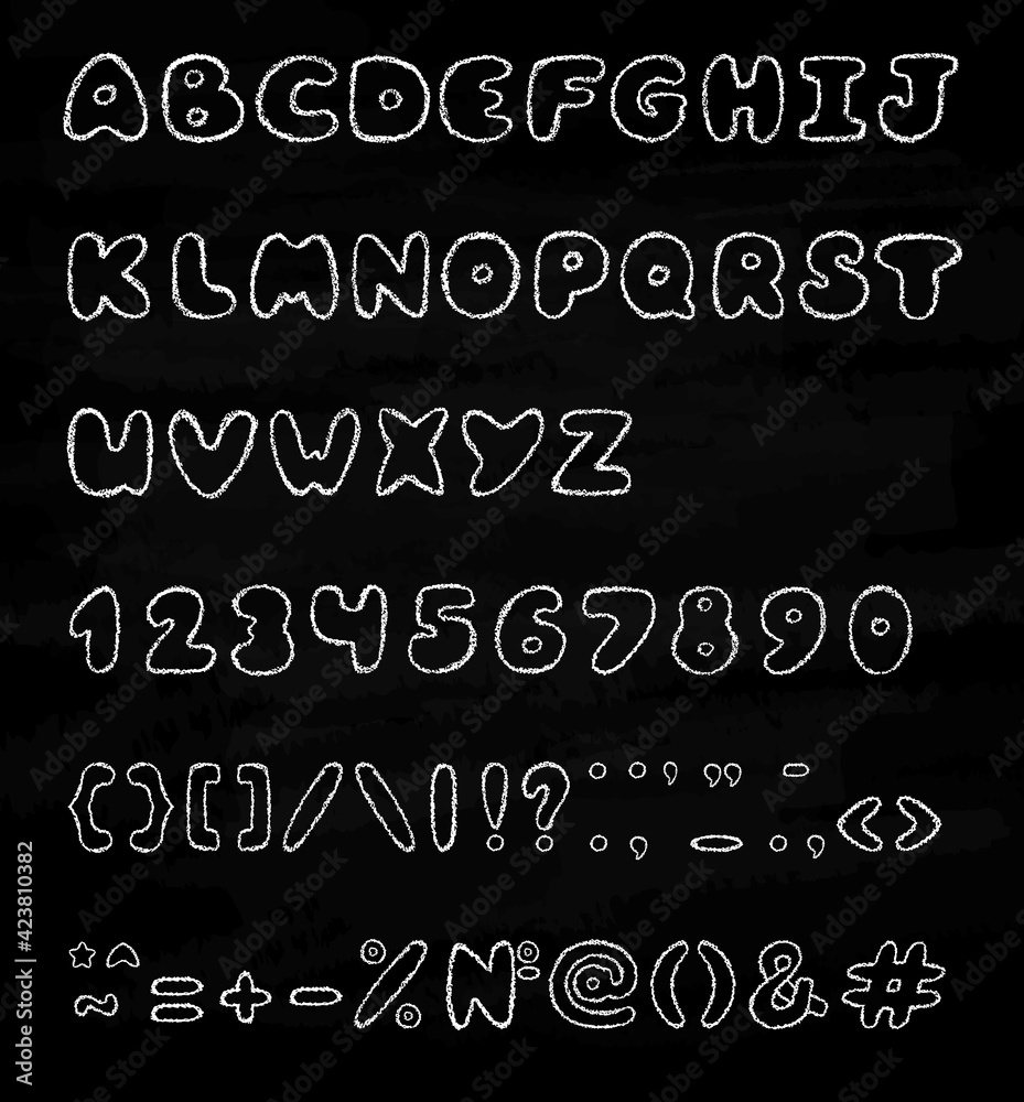 Chalk font. Crayons alphabet set. Chalk numbers, crayon signs