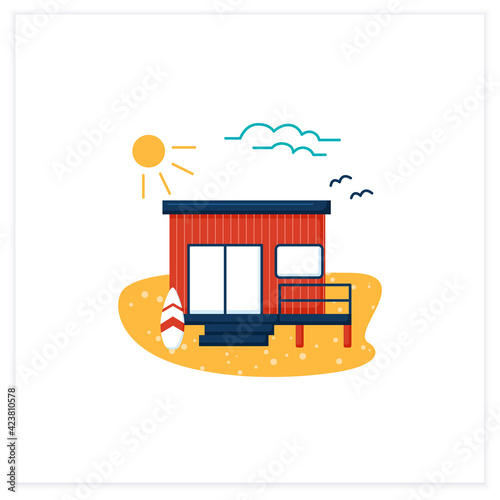 Beach hut flat icon. Wooden comfortable house on beach. Surfboards. Seascape. Rest concept. Vector illustration