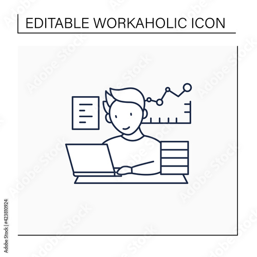 Workaholic line icon.Prevalence workaholism statistics. People number dependent on work. Man at laptop.Overworking concept.Isolated vector illustration.Editable stroke