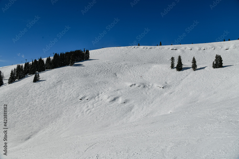 Freeriding zone at off-piste ski slope or at a groomed slope at Vail Ski resort, CO.