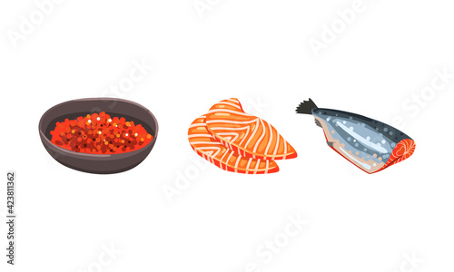 Fresh Salmon Fish Fillet and Red Caviar in Bowl as Seafood Product Vector Set