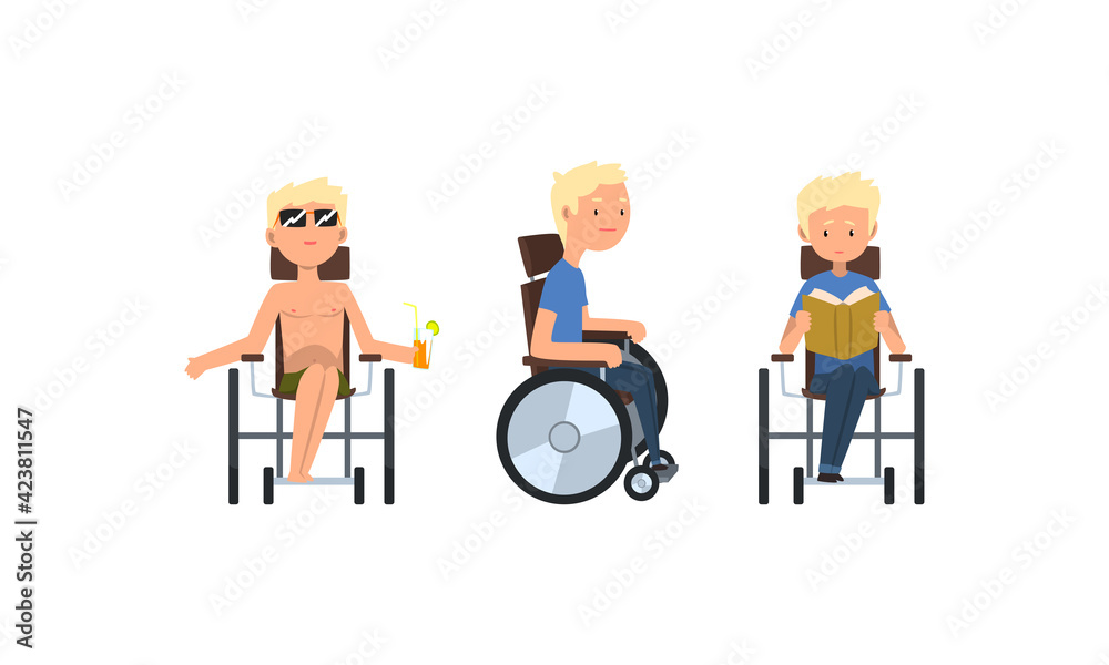 Blond Man with Disability in Wheelchair Reading Book and Sunbathing Drinking Cocktail Vector Set Blond Man with Disability in Wheelchair Reading Book and Sunbathing Drinking Cocktail Vector Set