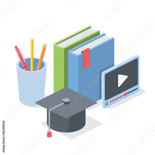 Online education books textbooks, video, student cap. Vector 3d symbol, isometric, color web icons, new flat style. Creative design idea, concept for infographics.