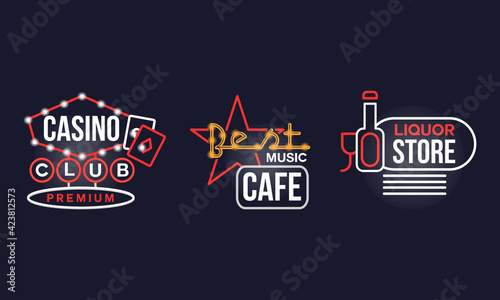 Colorful Glowing Neon Signboards and Retro Street Banners Vector Set