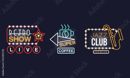 Colorful Glowing Neon Signboards and Retro Street Banners Vector Set